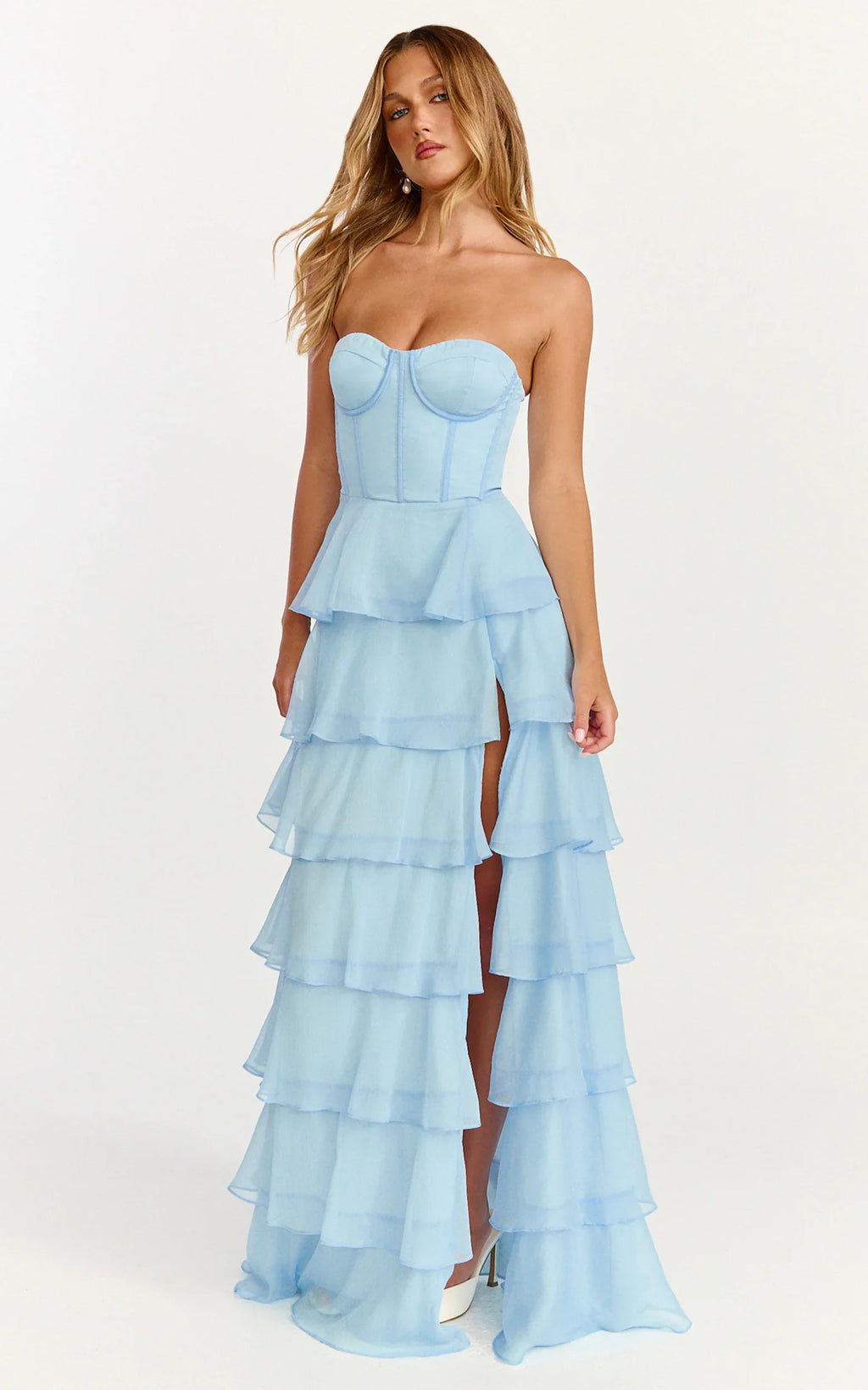Bella Maxi Dress - Strapless Corset Bodice Lace Up Back Tiered Ruffle Dress in Soft Blue