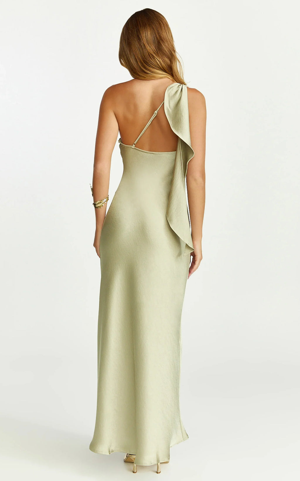 Calix Midi Dress - One Shoulder Slip Dress in Light Olive