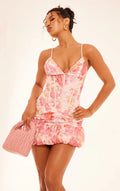 Multi Floral Cup Detail Extreme Puff Ball Hem Mini Dress