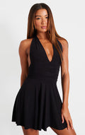 Black Double Layer Slinky Halter Neck Tie Back Shift Dress