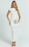 Kayrene Maxi Dress - Short Sleeve Jacquard Dress in Cream