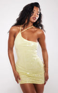 Yellow Sequin One Shoulder Strappy Bodycon Dress