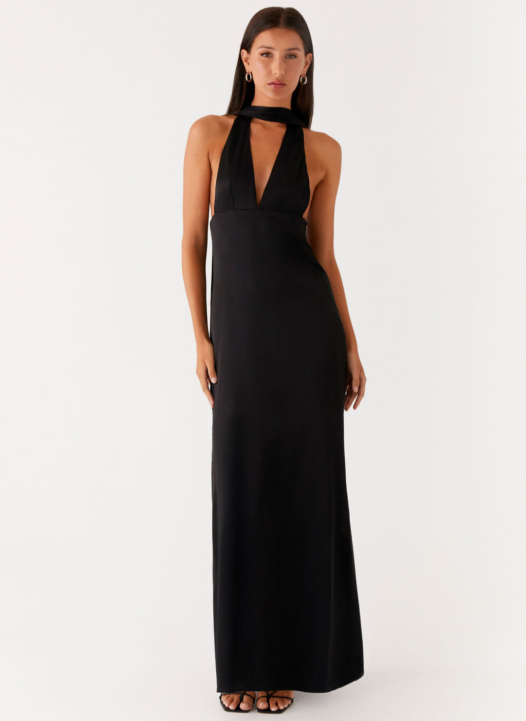 Alicia Satin Halter Maxi Dress - Black