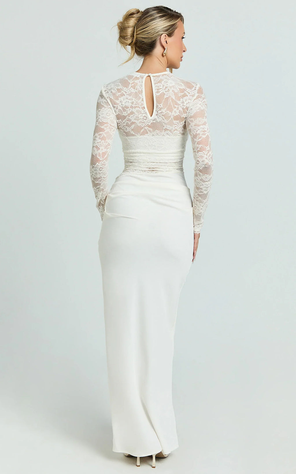 Crisanta Maxi Dress - Long Sleeve Contrast Lace Bodycon Dress in Ivory