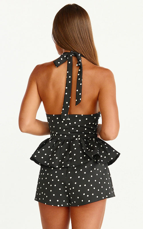 Seraphina Top - Polka Dot V Neck Peplum Top in Black Polka Dot Print