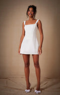 Premium White Woven Square Neck Lace Back Corset Dress